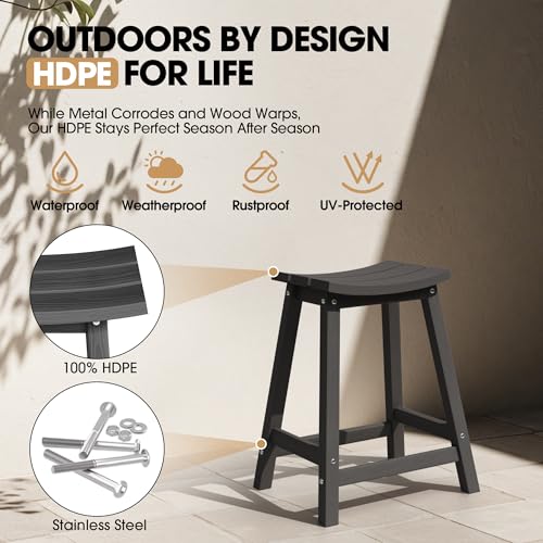 Image of Ciokea 2 Set 24 inch Outdoor Bar Stools Heavy Duty HDPE Counter Height Bar Stools Weatherproof Patio Seats Modern Waterproof BarStools for Bar Deck Balcony Kitchen Counter Yard, Black