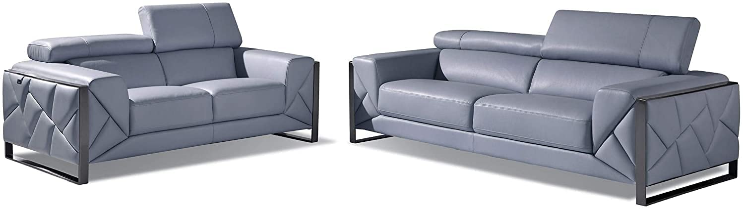 BlackJack Furniture Gianni Top Grain Italian Leather Set with 9-Position Adjustable Headrests, Contemporary Geometric Pattern, Chrome Hardware & Durable Hardwood Frame Loveseat, Sofa, Pigeon Blue