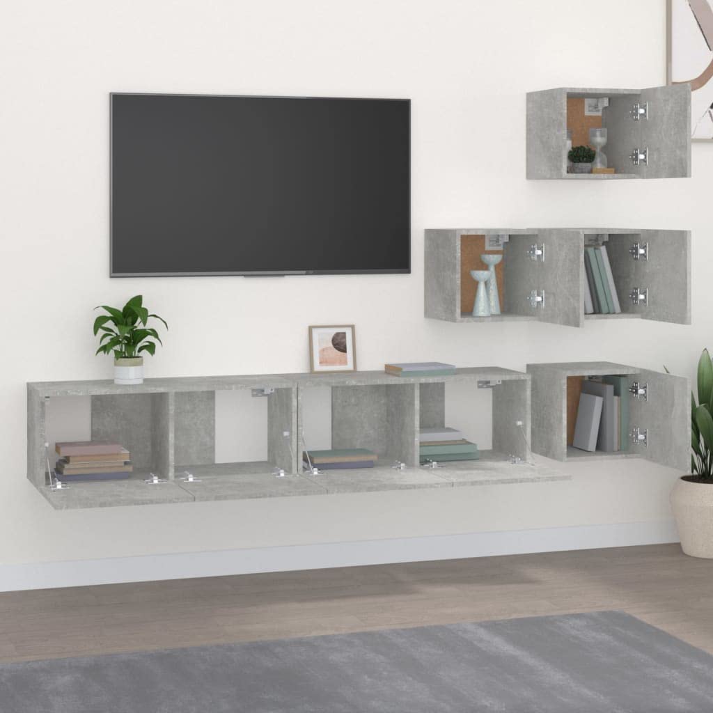 Wandschrank Fernseher Betongrau, TV-Hängeschrank aus Holzwerkstoff mit dekorativem Design, bietet reichlich Stauraum für Schlüssel und Notizblöcke, einfache Reinigung mit feuchtem