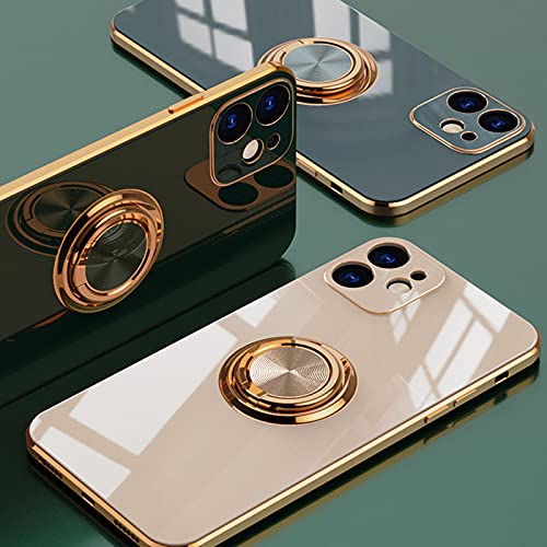 Luxury Plating TPU Cover, For iPhone 12 Pro Max Phone, Square & Soft Case, Ring Holder Stand Case (Teal)