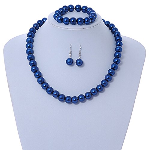 Collar de cuentas de cristal azul de 46 cm largo pulsera adaptable y pendientes juego 3