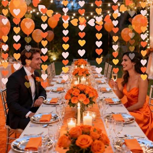 Image of Yellow-Pink Orange Party Decorations Heart Garland Streamers, 39Ft Fall Autumn Thanksgiving Harvest Hanging Paper Banner, Engagement Birthday Baby Bridal Shower Wedding Bachelorette Groovy Decor