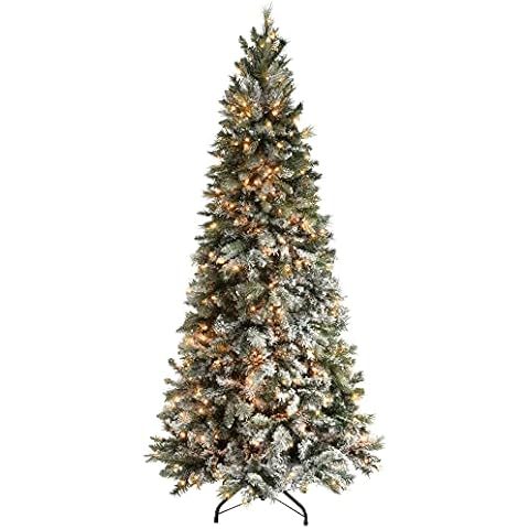 WeRChristmas Pre-Lit Slim Snow Flocked Spruce Christmas Tree with 400 Chasing Warm LED Lights, 7 feet/2.1m Cover