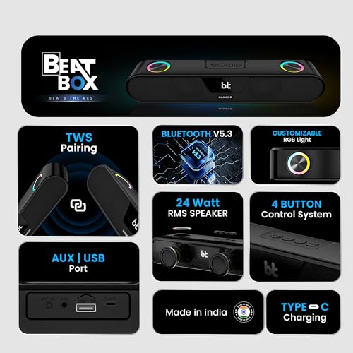 Image of HAMMER Beatbox Bluetooth Soundbar 24W Output, RGB Lights, AUX, USB, TF Card & TWS Connectivity, Upto 8Hr Playtime, 52mm Drivers, Easy to Carry, BT Speaker for TV, Mobile, PC, Laptops, Tablets (Black)