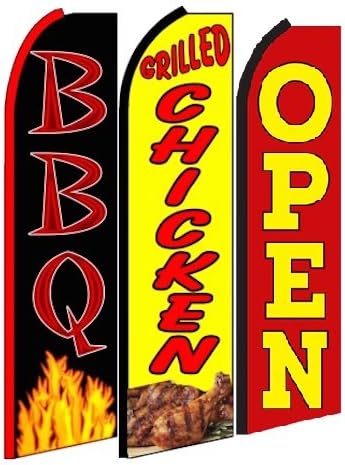 OnPoint Wares BBQ, grilled chicken Open King Feather Flag Sign- Pack of 3 (Hardware Not Included)