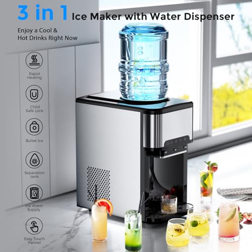 Image of FZF Countertop Ice Maker Machine, 3 in 1 Portable with Hot /Cold Water Dispenser, 12 Cubes in 7 Mins, Stainless Steel Nugget Ice Maker, 44Lbs in 24H for Home Bar /Camping /RV