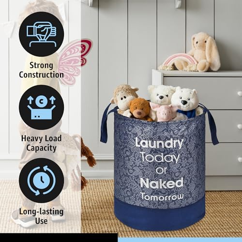 Image of Urbane Home Pack of 3 Foldable 45L Toys Organizer for Kids Room - Soft Toys Storage Bag /Basket /Container with Handles | Leaf Print -Blue