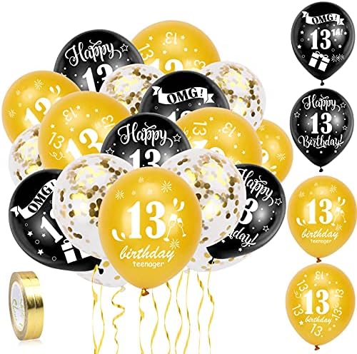 HOWAF 13th Birthday Balloons, Pack Of 30 Black Gold Teenager Birthday Balloons Latex Confetti Balloons & 2 Ribbons for Boys Girls Happy 13th Birthday Party Decorations Supplies- 12 inch (Age 13)