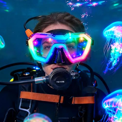 Máscara de buceo panorámica con vista amplia, anti-vaho, con LED recargable para esnórquel y buceo miniatura 2