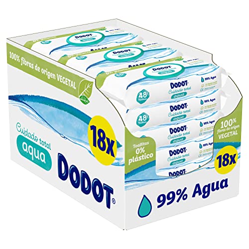 DODOT Toallitas Cuidado Total Aqua Para Bebé, 99% Agua, 100% Fibras De Origen Vegetal, Toallitas, 18 Paquetes (18 X 48), Blanco, 864 Unidades