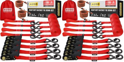 Image of AUGO Ratchet Straps Heavy Duty 8 Pack -15 FT - 2200 LB Break Strength - with Safety Lock S Hooks - Cargo Straps for Moving, Appliances, Motorcycle - Soft Loop Tie Downs
