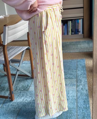 Women's Cotton Boho Chic Cropped Trousers Striped Floral Print Loose-Fit Pants Summer Casual Pants4