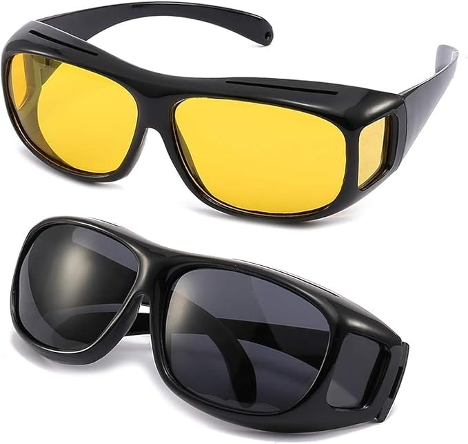 2 Pack HD Day & Night Driving Glasses | Unisex UV400 Sunglasses Fit Over Prescription Glasses | Anti-Glare Yellow Lenses with Side Protection | Lightweight, Durable Frame