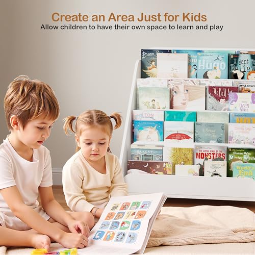 Image of Lkeiyay Kids Bookshelf - 4-Tier White Wooden Book Storage Organizer for Toddlers, Space-Saving Children's Book Rack for Kids Room /Nursery, Easy-Access Picture Book Display Shelf