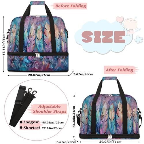 Travel Duffel Bag with Shoe Compartment, Colorful Feathers Shoulder Weekender Bags for Women, Foldable Waterproof Travel Bag Carry on Bag2