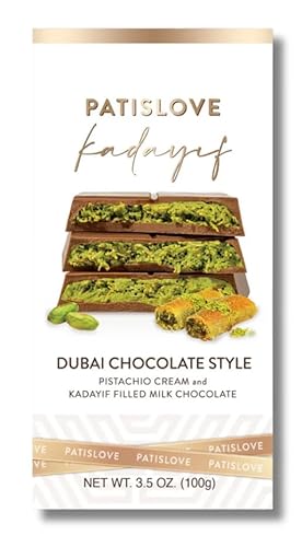 PatisLove Signature Dubai Style Chocolate Bar Pistachio Knafeh - Luxury Rich Milk Chocolate, Elegant Packing, Premium Pistachio Cream Kataifi Filling - 100g / 7 oz bar, Ice Pack Shipping! (1 pack of 100g)