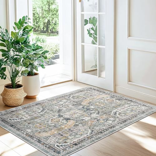 Madane Washable Area Rug 2x3, Small Entryway Rug Non-Slip Vintage Door Mat Indoor Entrance, Low Pile Floor Carpet for Inside Front Door Bedroom Kitchen Entry Laundry (2'x3', Green/Gold)