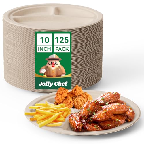 JOLLY CHEF Compostable  Compartment Paper Plates   [ ] Heavy Duty Divided Disposable Eco-Friendly Bagasse Biodegradable Containers Round Trays for Party Dinner Lunch(Brown)