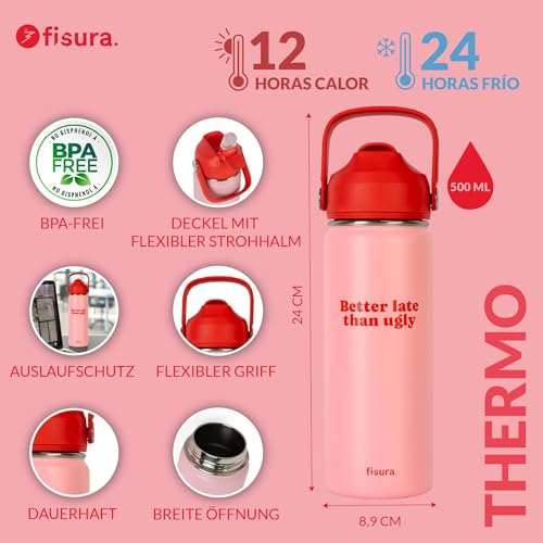 Fisura – Originelle Trinkflasche “Better late than ugly”, 500 ml Thermoflasche aus BPA-freiem Edelstahl mit Strohhalm für Sport, Reisen, Büro und Outdoor-Aktivitäten.