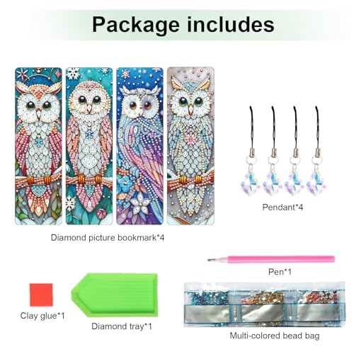 Image of 4 Pcs Diamond Painting Bookmarks, Owl DIY 5D Special Shaped Rhinestone Bookmark Kits for Adults, Handmade Diamond Art Bookmark with Tassel Pendant for Reading Gifts