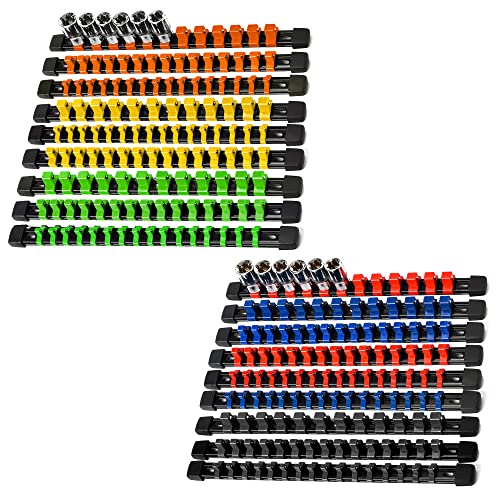 Image of Reniteco 18-Pack Socket Organizer Set, 1 /4 inch x 96 3 /8 inch x 90 1 /2 inch x 72 Clips | 258 Clip Capacity, Havy-Duty ABS Socket Rails, Removable Clips, Drive Socket Storage, Toolbox Drawer or Wall Mount