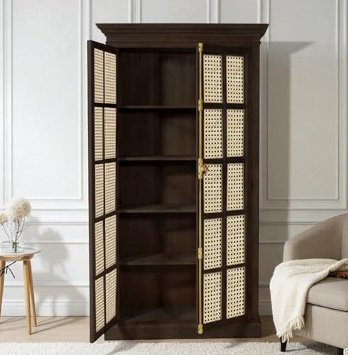 Image of The Attic Oregon Bookshelf with Cane, Multipurpose for Living Room Bed Room Study Kitchen, Solid Mango Wood, Walnut Matte Finish