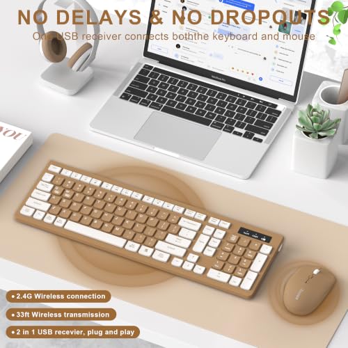 Image of Wireless Keyboard and Mouse Combo, Full-Sized Wireless Keyboard and Adjustable DPI Mouse, 2.4GHz USB Receiver, Keyboard and Mouse for PC, Windows, Desktop, Laptop (Mocha Color)