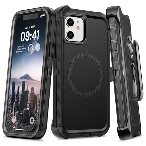TUTUKII for iPhone 12 & 12 Pro Case with Belt Clip Holster Anti-Shock Anti-Slip Compatible with MagSafe 3-Layer Drop Protection Heavy Duty Magnetic Phone Case Cover 12 6.1 Black