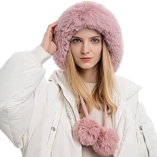 Malaxlx Gorro de invierno para mujer con pompón, gorro de punto de ganchillo, mullido, cálido, de piel sintética, gorra de esquí al aire libre, Rosado, Talla única Cover