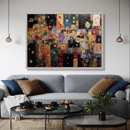 Peinture moderne aux accents dorés et tableau abstrait géométrique haut de gamme