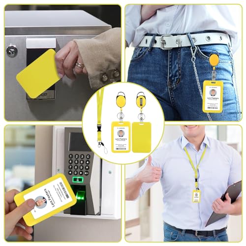 Image of Yellow Lanyard with Vertical Id Holder, Retractable Heavy Duty Oval Carabiner Clip, ABS Casing Badge Holders,for Teacher Student Nurse Office