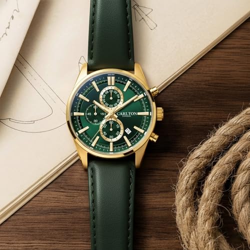 Image of Carlton London Windsor Men Analog Watch, Round Dial, Leather Strap, Quartz Movement, 43 mm Case, Slim Design, Lightweight Comfort, 30M Water Resistant, Casual Formal Wear