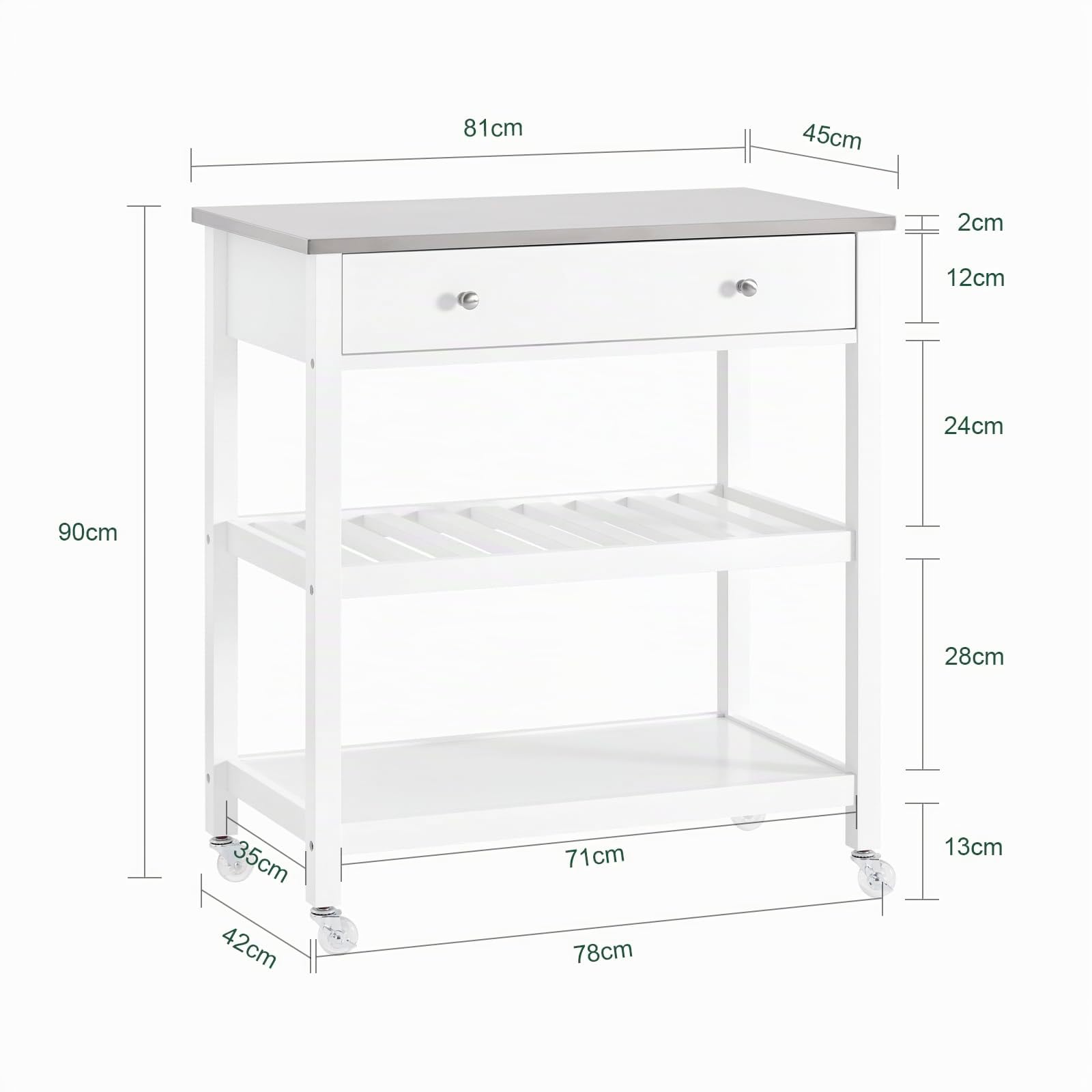 SoBuy Desserte Cuisine, Plateau INOX & 4 roulettes (2 freinées), 81×90×45cm | Îlot Central avec Tiroir & 2 Étagères Ouvertes à Lattes, charge 70 kg, PB, pour cuisine & salle à manger & jardin, FKW47-II-W