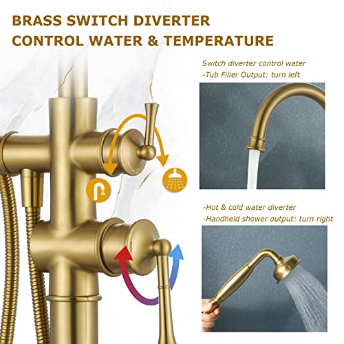 Hangoro Freestanding Tub Filler, Brush Gold Floor Mount Bathtub Faucet With Brass Handheld Shower, 360° Swivel Spout With 59'' Water Hose, Vintage 2-1 Function Tub Faucet For Bathroom(B2311-Bg) #TOP3