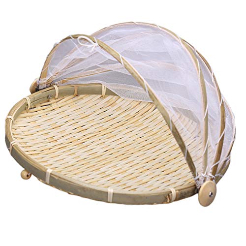 1pc Hand Woven Bread Holder Handmade Bread Cover with Gauze Bambo Basket with Gauze Basket Dustproof Picnic Basket