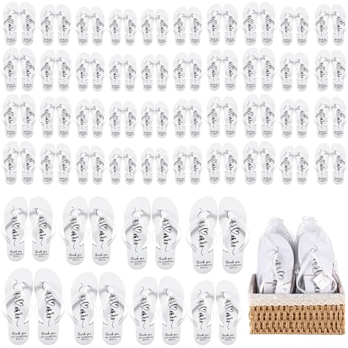 Cuffbow 48 Pairs Bulk Flip Flops for Wedding Guest Bride Sandals Spa Slippers with Size Card Organza Bag for Beach Pool Party