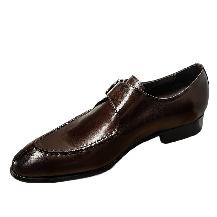 HOOENG Oxford Dress Shoes for Men Slip On Pointed Toe Genuine Leather Split Toe Monk Strap Block Heel Slip Resistant Anti-Slip Rubber Sole Casual(Light Coffee,7)