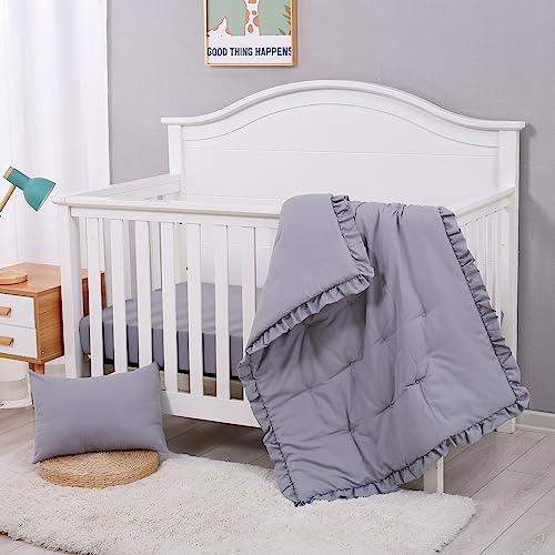 Image of JISEN 3 Piece Crib Bedding Set Soft Baby Crib Bedding Set Ruffle Crib Comforter Set - Crib Quilt Crib Sheet Pillowcase Nursery Bedding Sets for Baby Boys or Girls Grey