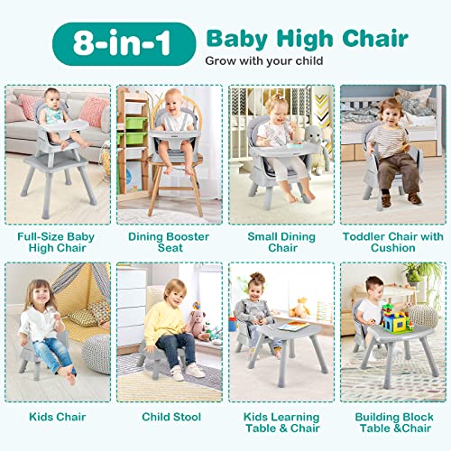 Image of GLACER 8 in 1 Convertible Baby High Chair - Adjustable High Chairs for Babies and Toddlers with Removable Tray, Dual Cushions, Activity Table and Chair Set, Booster Seat, Stool (Gray)