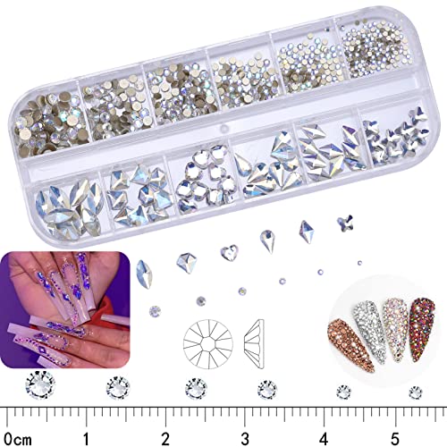 Artquee 660Pcs Ab Colorful Sparkly Bling 3D Rhinestones For Nail Art Diy Craft Shiny Flat Back Glass Crystal Stones Set Jewels Nail Decorate (60Pcs Multi Shapes Gems + 600Pcs Round Diamond 6 Sizes) #TOP3