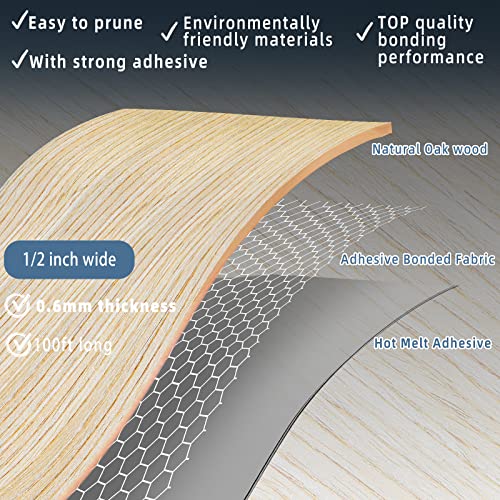 Image of Oak Edge Banding, 1 /2 inch x 100ft roll of Veneer White Edge Banding Pre-glued Flexible, Real Wood Tape for Cabinet Repair and Furniture Restoration