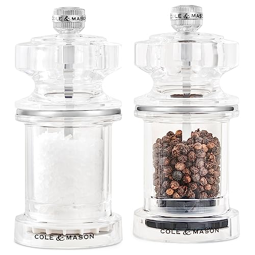 Cole & Mason 675 Salt and Pepper Mill Set, Precision+/Ceramic Mechanisms, Adjustable Salt and Pepper Grinders, Acrylic, 118mm, Cooking/Seasoning, Lifetime Mechanism Guarantee