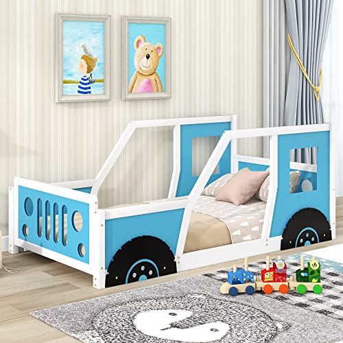 Twin Size Car Bed with Wheels, Wood Platform Bed Frame with Headboard & Footboard and 4 Side Rails, Twin Floor Bed in Car-Shaped for Kids Boys Girls Teens, Blue