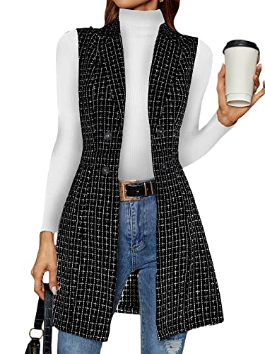 Floerns Women's Plaid Print Button Front Sleeveless Lapel Collar Blazer Jacket
