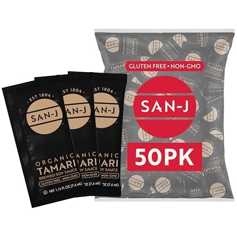 San-J - Organic Gluten Free Tamari Soy Sauce - Made with 100% Whole Soy - Specially Brewed - 1/4 oz. Individual Portioned Packets - 50 Pack Cover