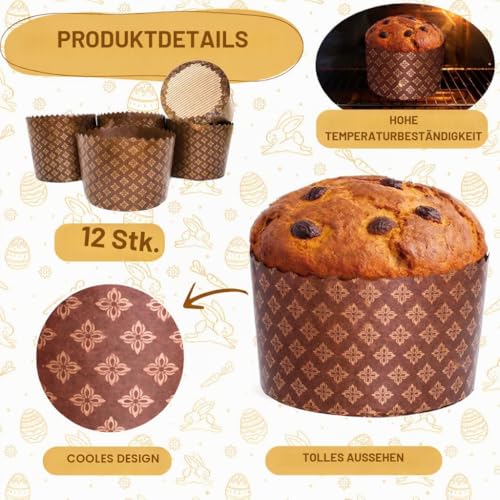 Kulich-Form für Osterbrot, 425 ml, 12 Stück, Osterbrot-Papierform, Paska – große Panettone-Papierform – braun, Panettone-Papier-Backformen, universell – braunes Design B 13xH 8 cm