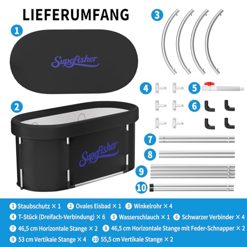 Eisbadewanne für Athleten, 489 L Ovales Kaltwasser-Plungetauchbecken mit Isolierdeckel & Ablassventil, Tragbar & Faltbar, Kaltwassertherapie zu Hause/Fitnessstudio/Outdoor