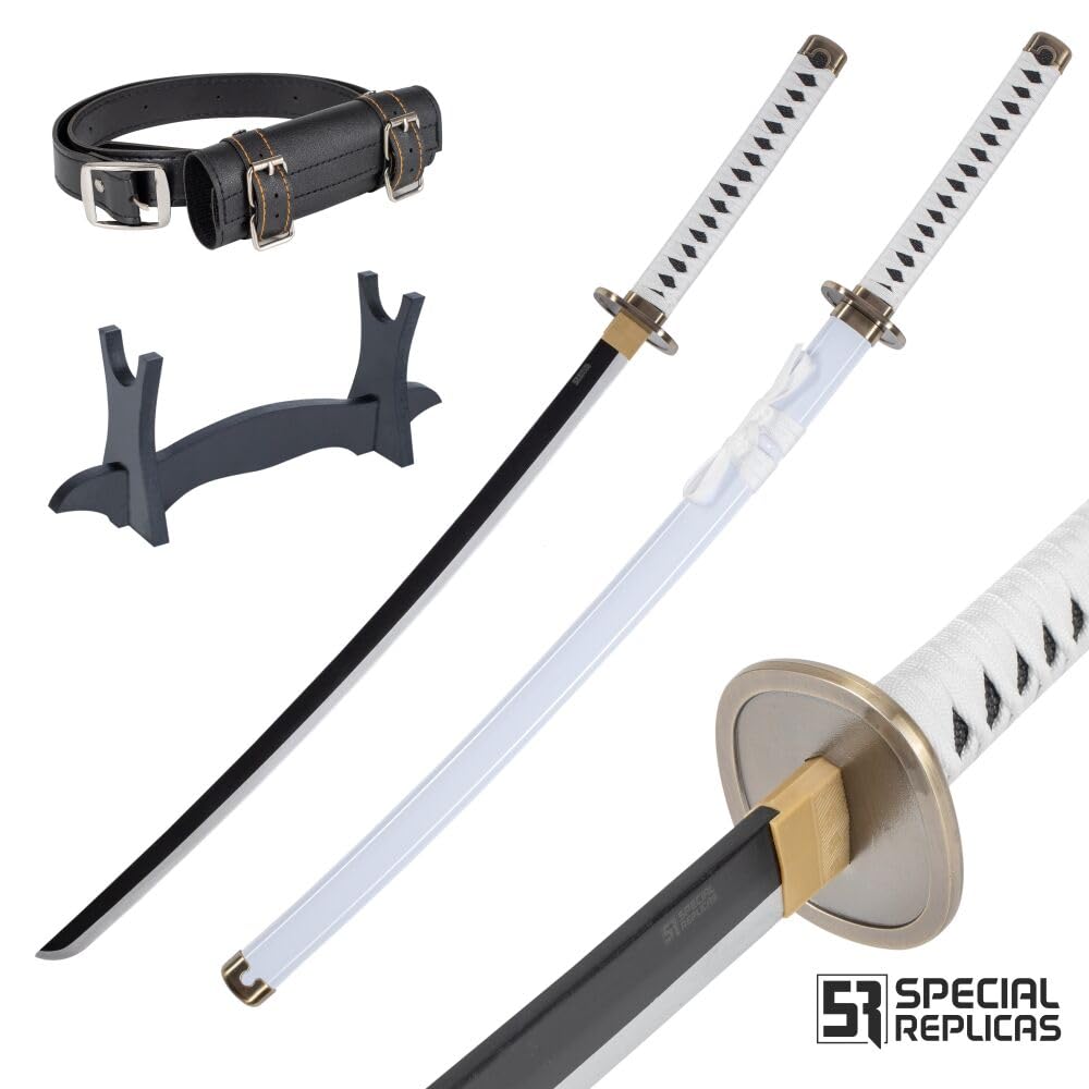 57 SPECIAL REPLICAS Zoro Katana Schwert Holz 77 cm mit Gürtel, Ständer & Scheide - Cosplay Anime Schwerter für Kostüme und LARP - Wakizashi Kurzschwert - Holzschwert aus Bambusholz (Nicht Scharf)
