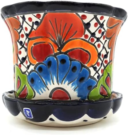 Talavera Pottery Store Violet Pot Planter with Saucer Small Hand Painted Indoor Outdoor Multi Colored Glazed