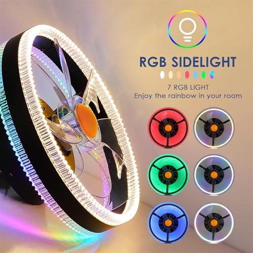 Image of Mpayel Flush Mount Ceiling Fans with Lights - RGB Low Profile Ceiling Fan,13 inch Small Dimmable LED Bladeless Ceiling Fans, Modern Enclosed LED-RGB Ambient Light for Bedroom, Kids Room, Party